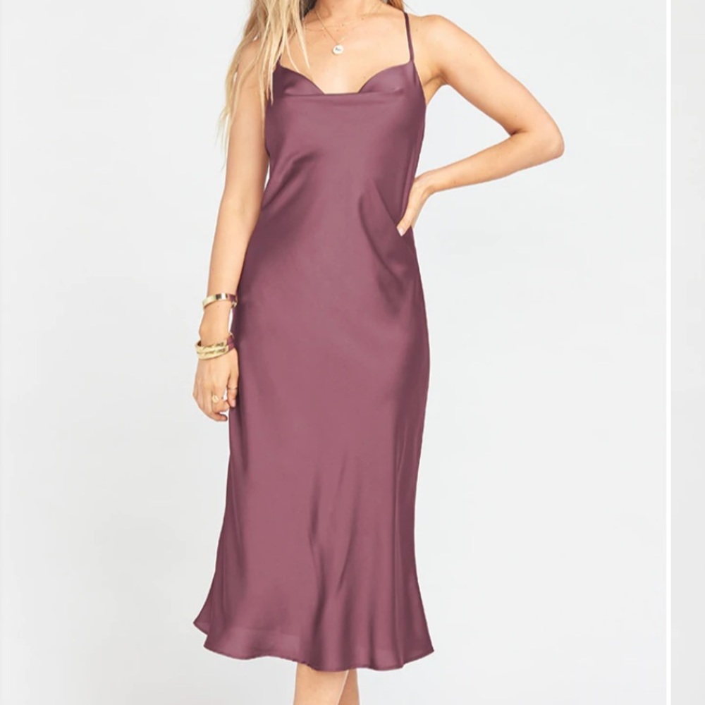 Show Me Your Mumu Verona Cowl Dress in Dusty Plum Luxe Satin